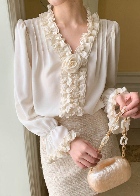 Apricot Art Shirt Petal Chiffon Solid Sleeve Ruffled FashionChic