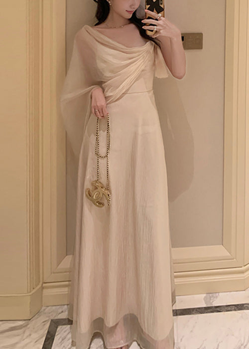 Summer Silk Solid Asymmetrical Apricot Maxi Dresses Elegant FashionChic