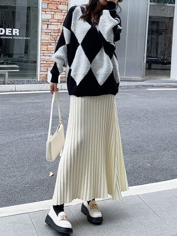 Brief Khaki High Waisted Pleated Striped A-Line Knit Skirt TW006 ABC