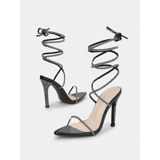 Sexy Stiletto Rhinestone Women's Lace-Up Sandals Black – FashionChic