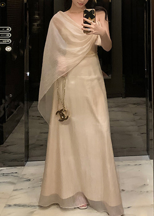 Summer Silk Solid Asymmetrical Apricot Maxi Dresses Elegant FashionChic