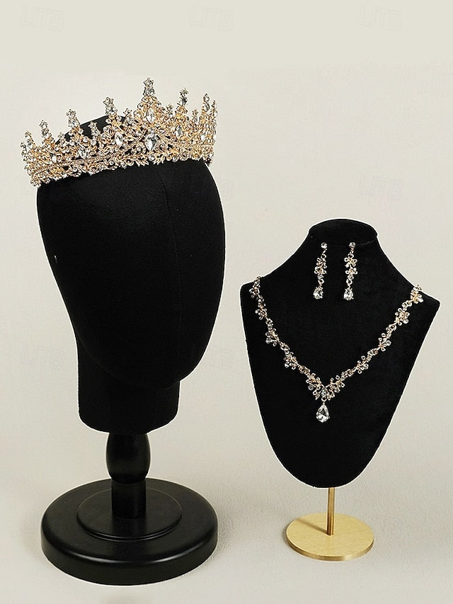 Crown Tiara and Necklace – Sparkling Diamond Set Gold-Plated FashionChic