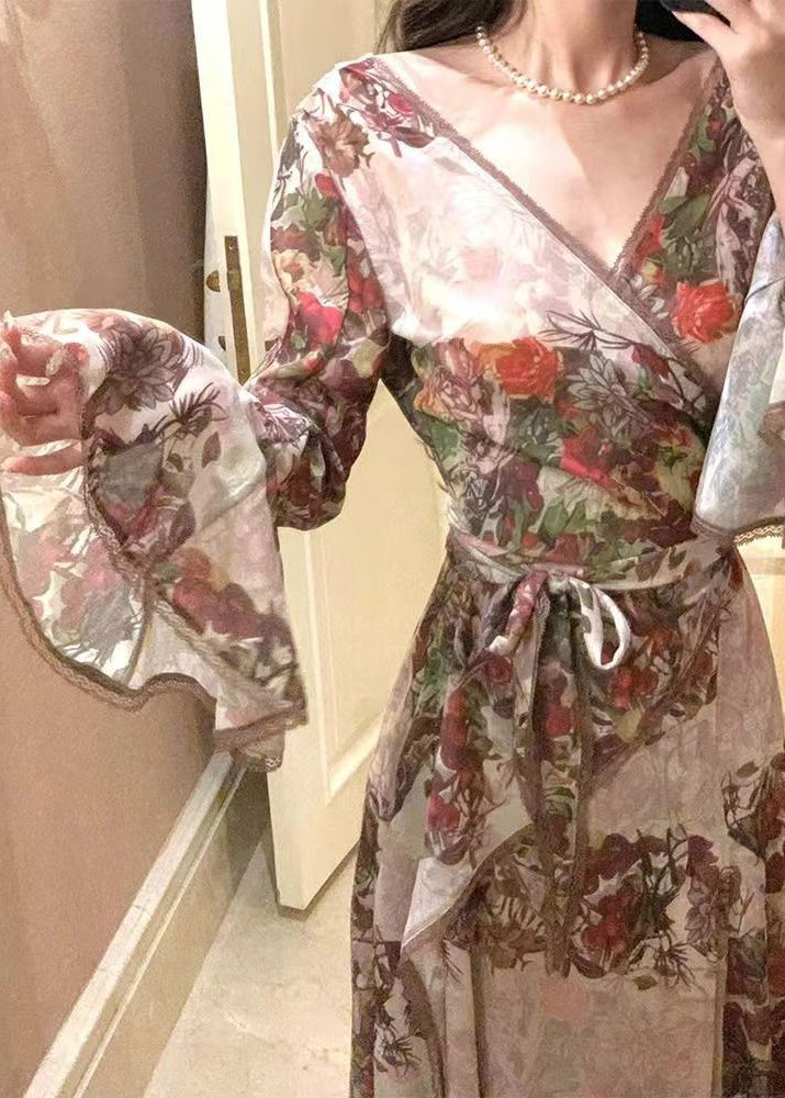 French V Neck Printed Tie Waist Cotton Dress Flare Sleeve TT1039 shopify