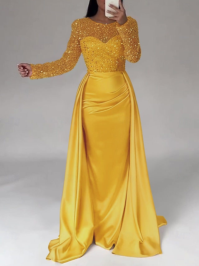 RuchedSatin Dress Sleeves Mermaid Gown Evening Sequin Long FashionChic
