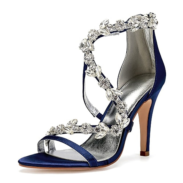 Pink Rhinestone Women's Heel Satin Floral High Sandals with FashionChic
