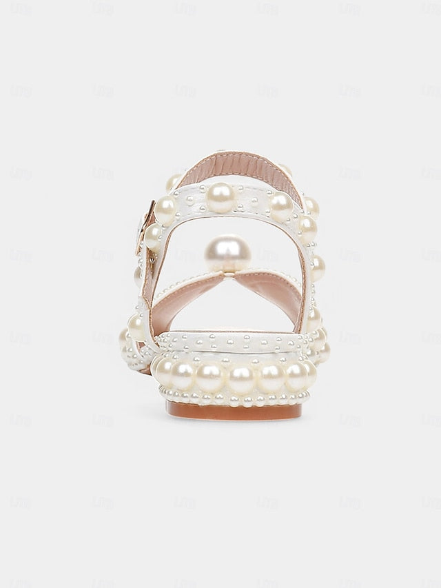 White Pearl-Embellished Heel Sandals Low – Women's FashionChic
