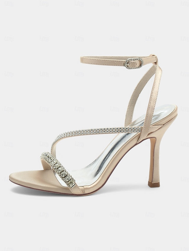 – Sophisticated Heels Strappy Champagne Satin Rhinestone FashionChic