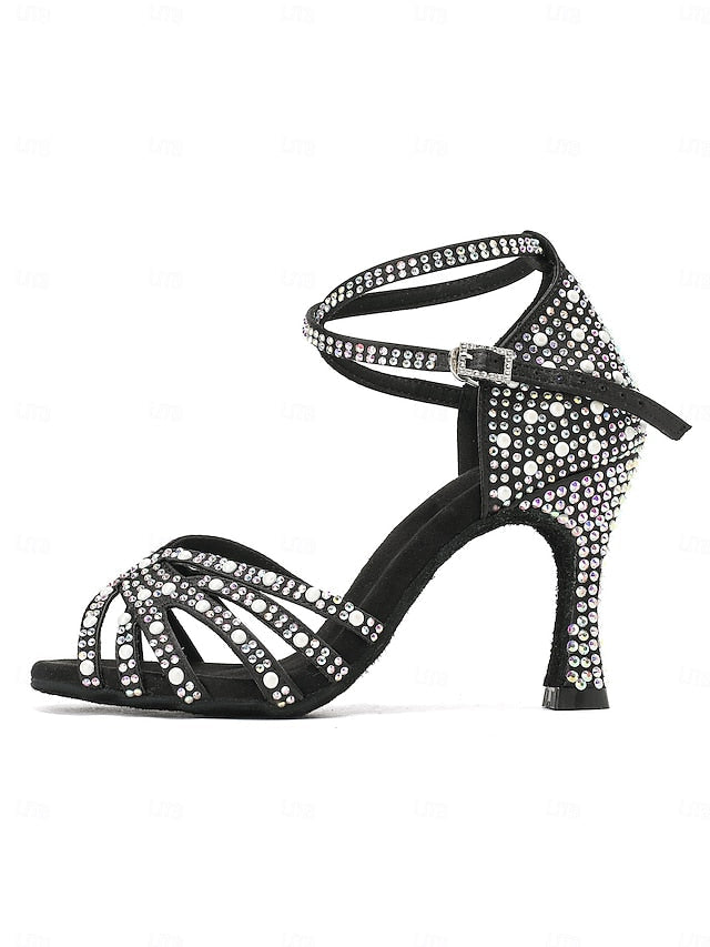 High Latin Rhinestone-Embellished Tan Sandals with Heel Dance FashionChic