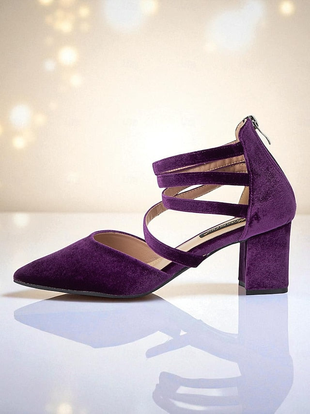 Block Blue Heel Women's Velvet Pointed Pumps with Toe FashionChic
