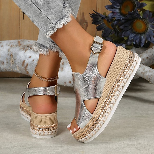 Metallic Women's Espadrille Faux Platform Gold Leather FashionChic