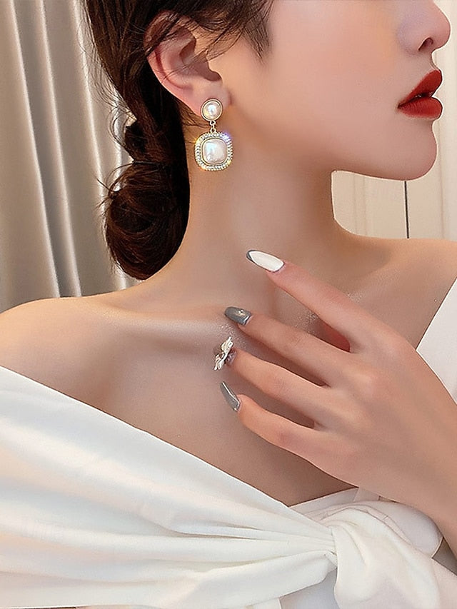 Elegant Gold-Plated Rhinestone Detailing Pearl Earrings with – FashionChic