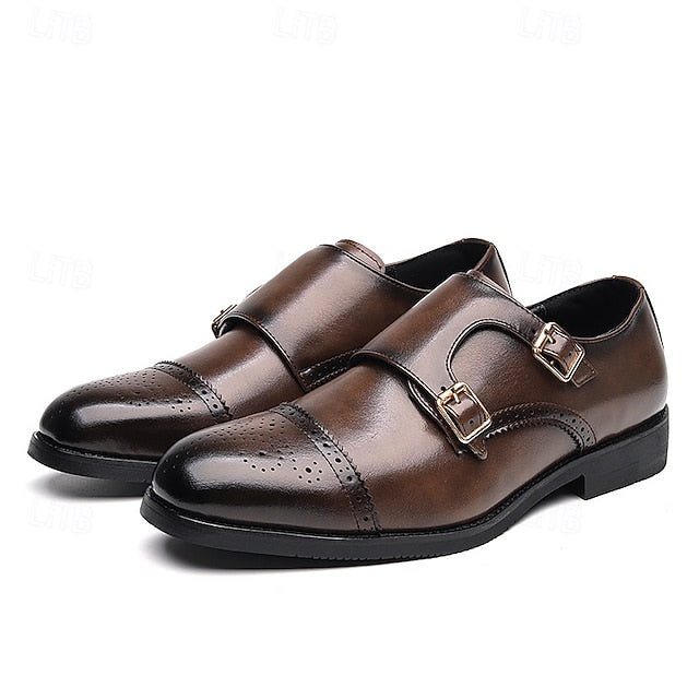 Double Men's Shoes Monk Strap Faux Brown with Dress Leather FashionChic