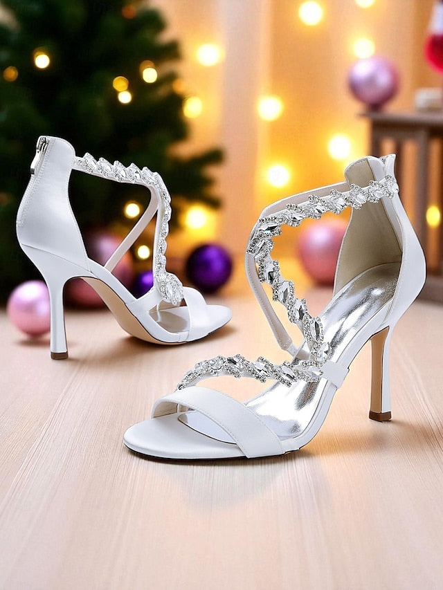 Women's Heel Sandals High White - Strappy Rhinestone FashionChic