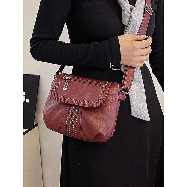 with Faux Bag Women's Leather Brown Crossbody Studded FashionChic