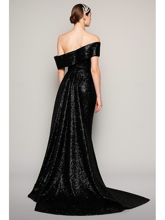 Evening Gown Sequined Black Carnival Elegant A-Line Blue Dress FashionChic