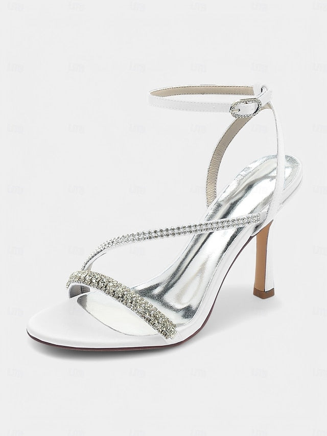 – Sophisticated Heels Strappy Champagne Satin Rhinestone FashionChic