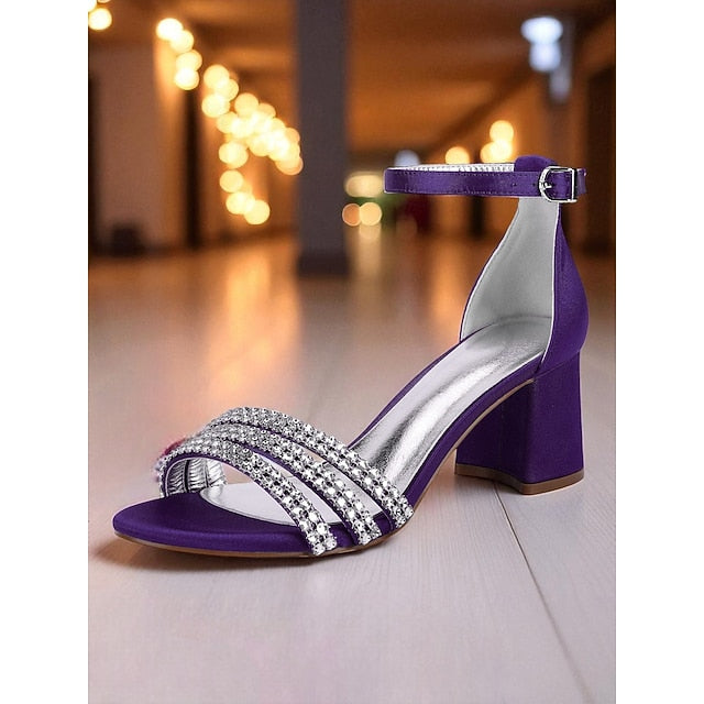 Satin Rhinestone Heel with Block Purple Women's Sandals FashionChic
