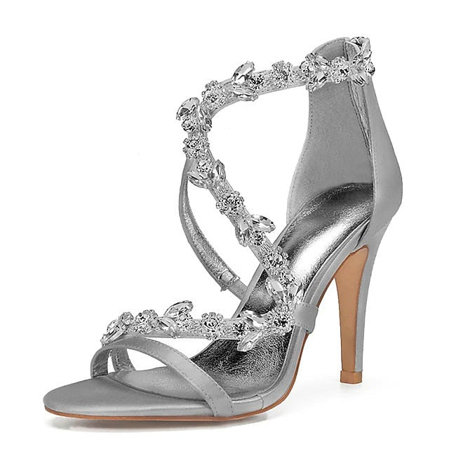 Pink Rhinestone Women's Heel Satin Floral High Sandals with FashionChic