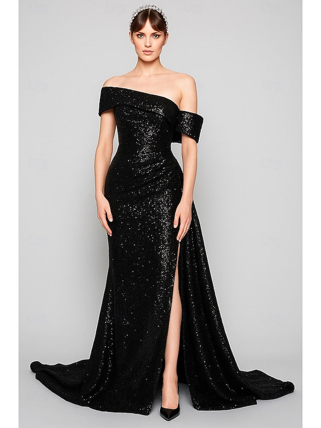 Evening Gown Sequined Black Carnival Elegant A-Line Blue Dress FashionChic