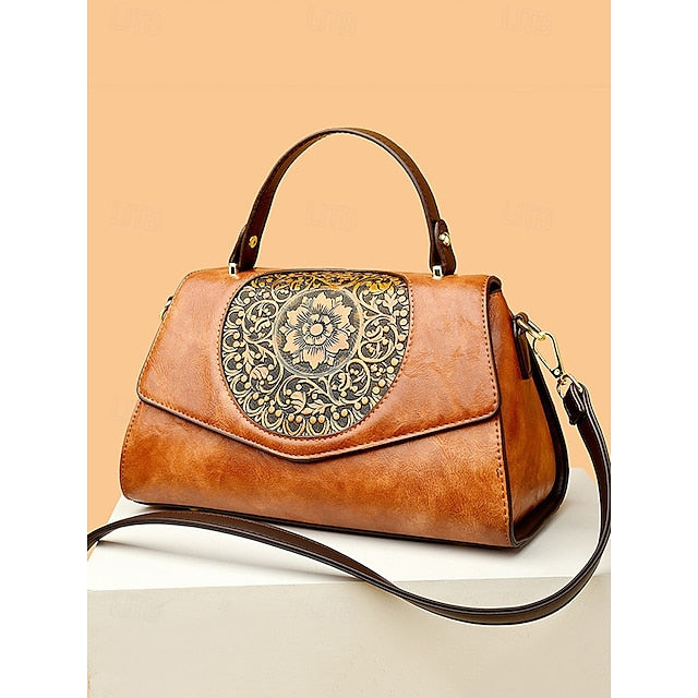 Floral – Faux Vintage Engraved Handbag Leather Women's FashionChic