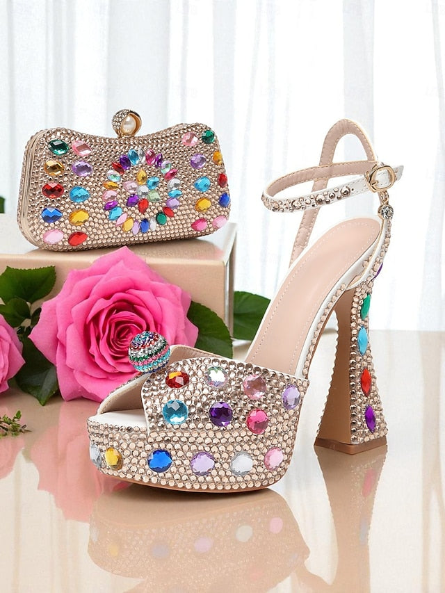 with Heel Women's Matching Rhinestone Platform Sandals High FashionChic