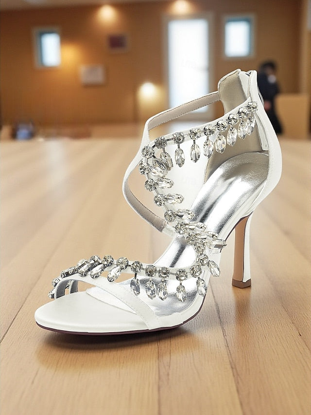 Rhinestone Strappy Heel Sandals Women's High White with FashionChic