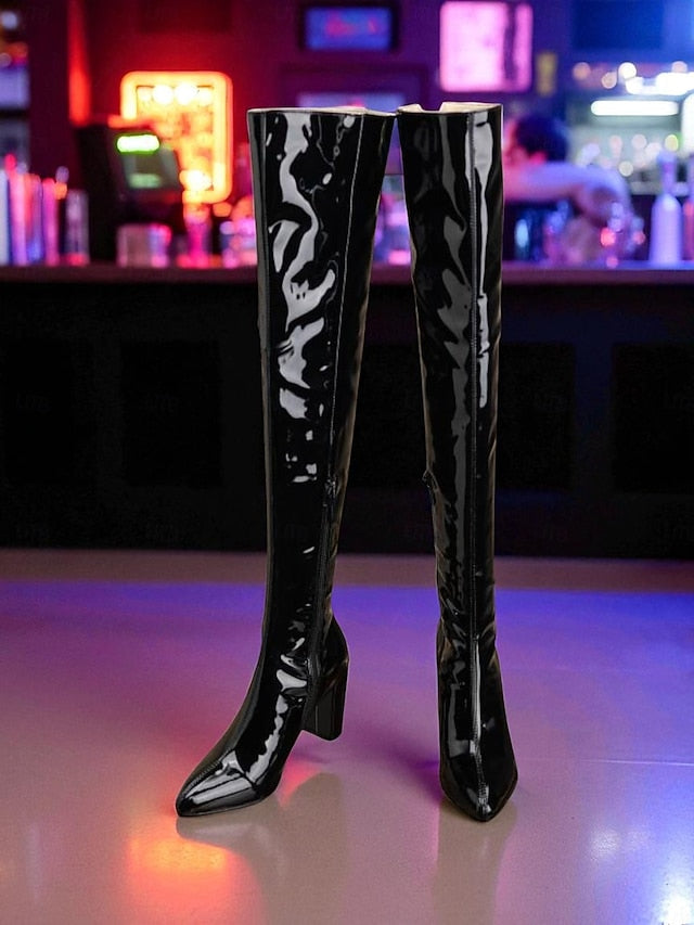 Boots Red Women's Knee Patent Leather Over the FashionChic