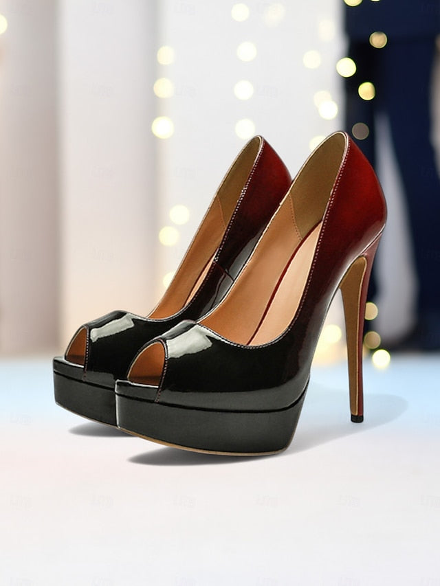 High Platform Black Patent Heels Peep Toe Leather Women's FashionChic