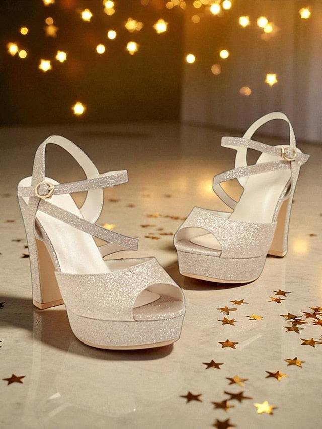 Strap Ankle Heel Women's Platform Sandals with Glitter High FashionChic