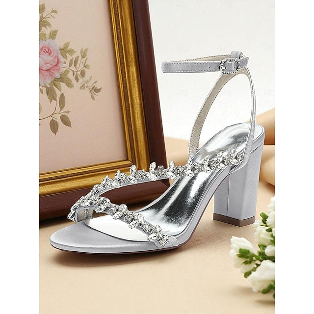 White Women's with Straps Sandals Rhinestone - Block Heel FashionChic