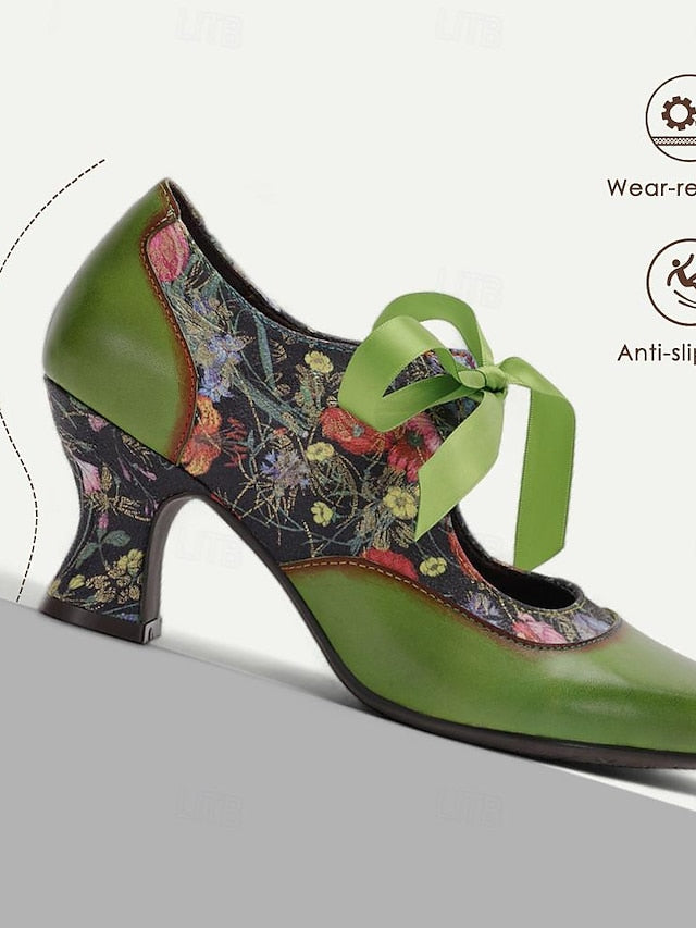 Mary Heels Green with Jane Women's Print Leather Floral FashionChic