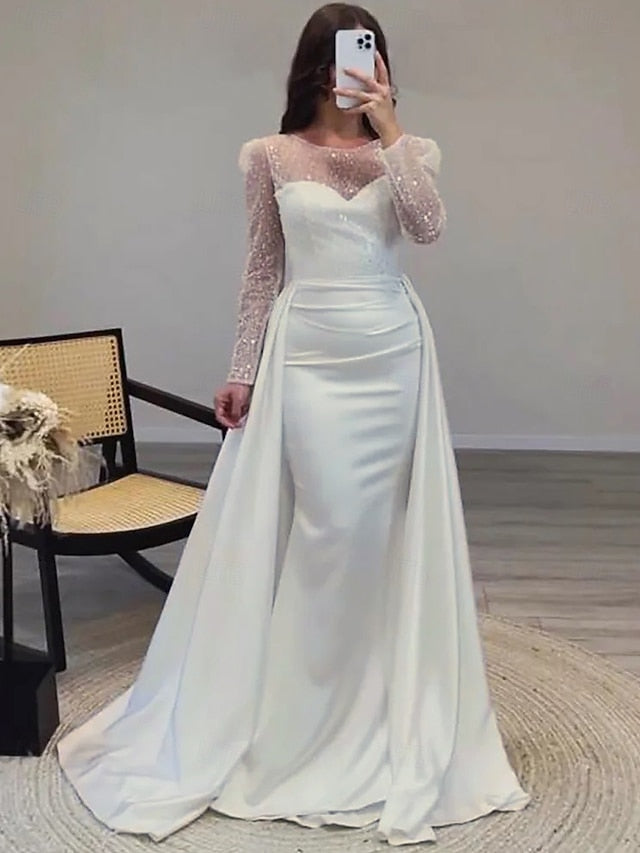 RuchedSatin Dress Sleeves Mermaid Gown Evening Sequin Long FashionChic