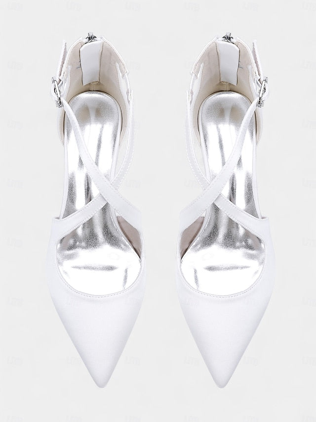 Satin - Block Pointed Toe Women's Heels Elegant Ivory FashionChic