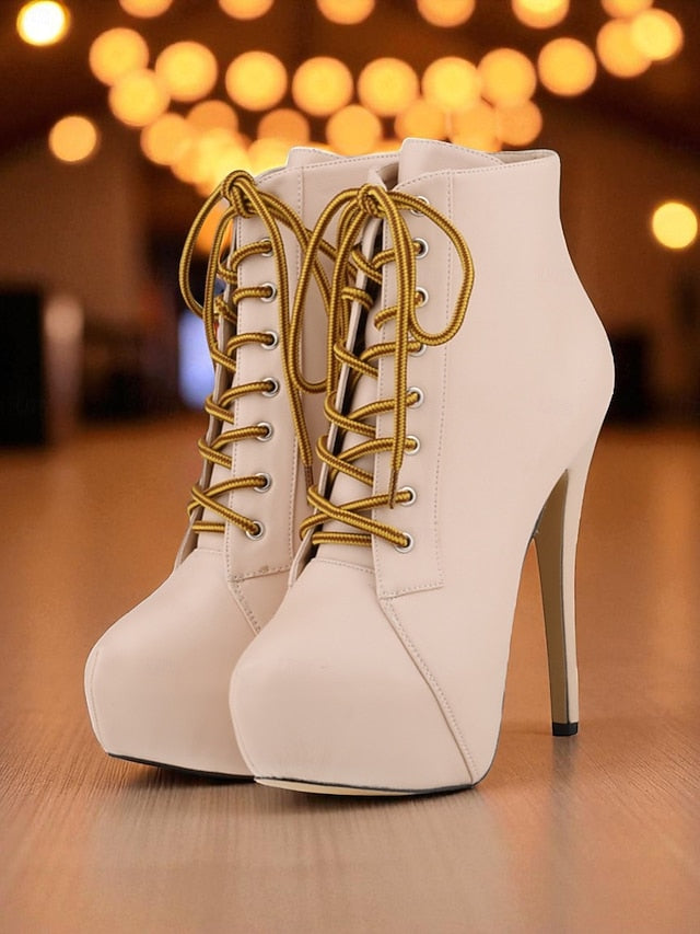 Beige Platform Ankle Lace-Up - Faux Women's Boots Leather FashionChic