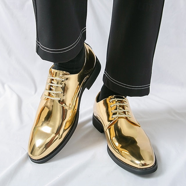 for Shiny Shoes Leather Men Sleek Gold – Patent Lace-Up FashionChic