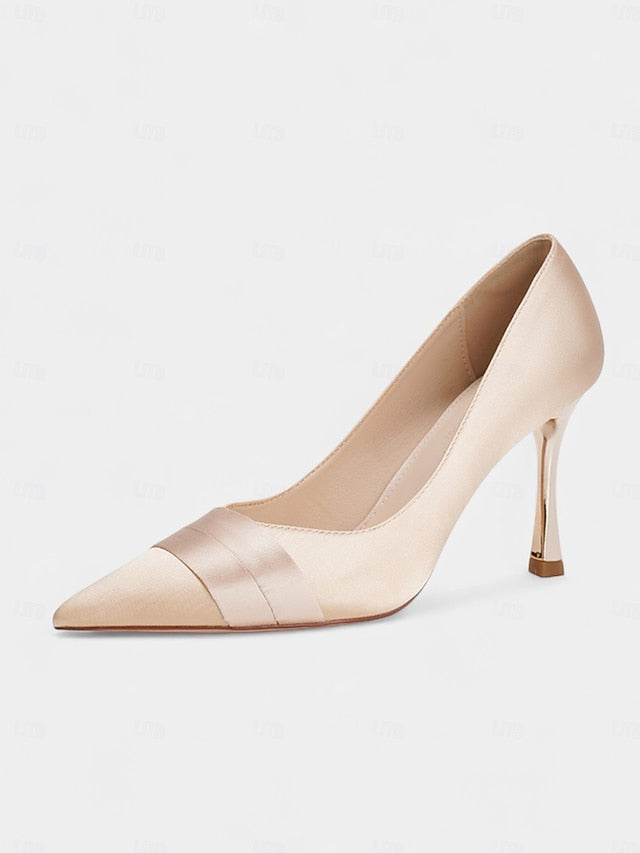 Pumps Women's Toe Heel - Dress High Pointed Satin Champagne FashionChic