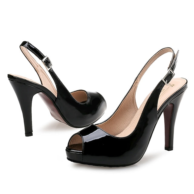 Heels Women's Black Slingback Leather Peep-Toe Patent High FashionChic