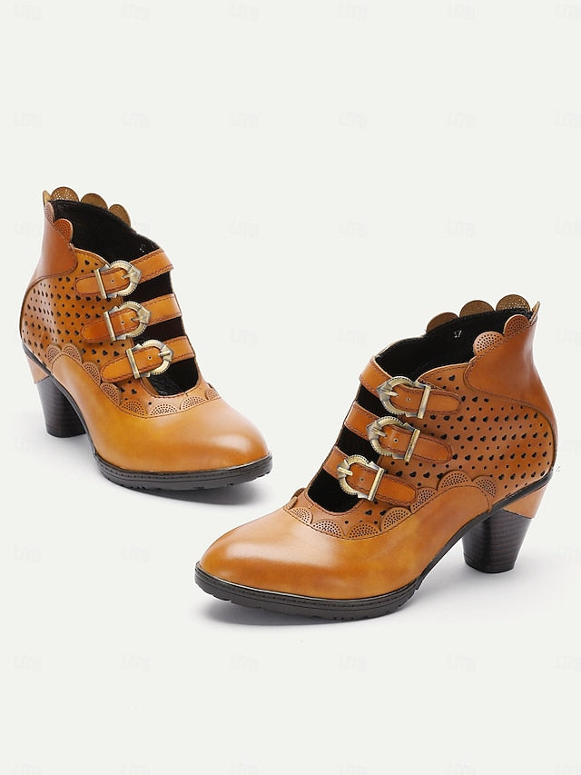Strap Brown Vintage - Buckle Women's Ankle Perforated Boots FashionChic