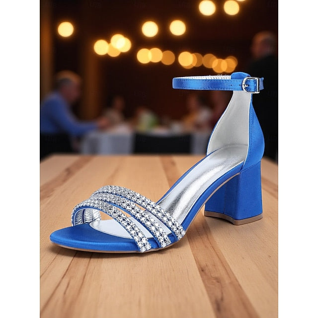 Satin Rhinestone Heel with Block Purple Women's Sandals FashionChic