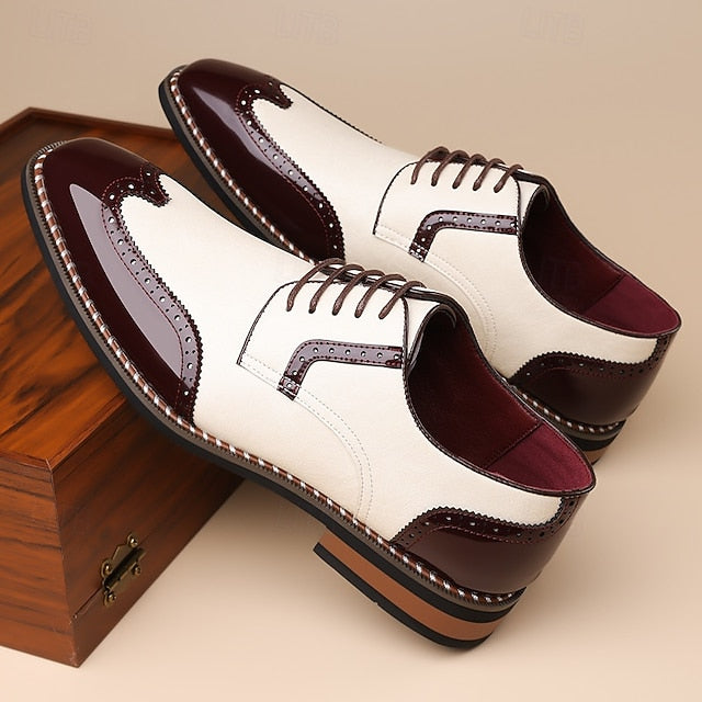 Shoes Wingtip Faux Burgundy Leather and White Men's Oxford FashionChic