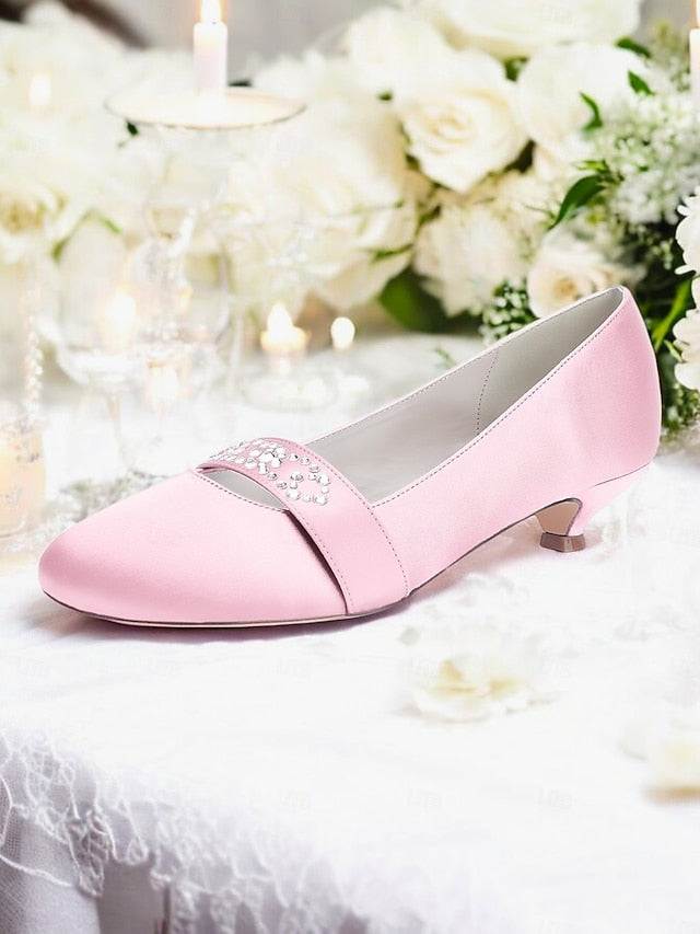 Blue Satin Heels Kitten Rhinestone with Women's FashionChic