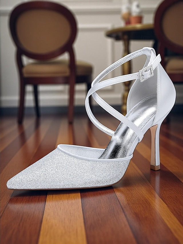 Women's Strap Ankle Silver Heels Elegant - Glitter Stiletto FashionChic