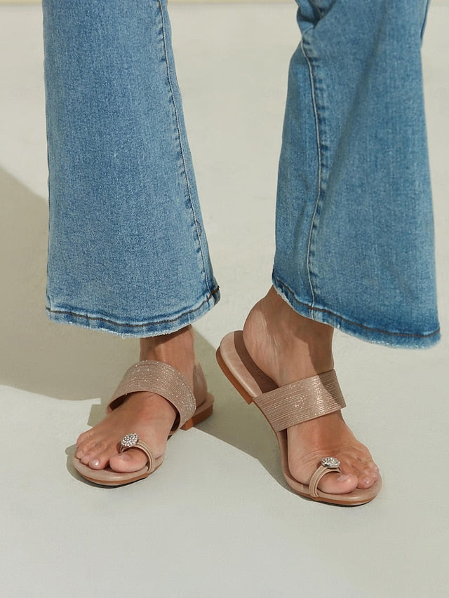 Flat with Women's Champagne Sandals Rhinestone Heel Slip-On FashionChic