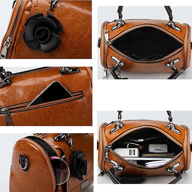 Vintage-Style Floral Handbag Women's Faux with Leather FashionChic
