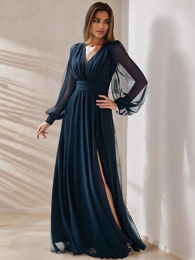 Length Party Elegant Floor of Mother Bride A-Line the Neck V FashionChic
