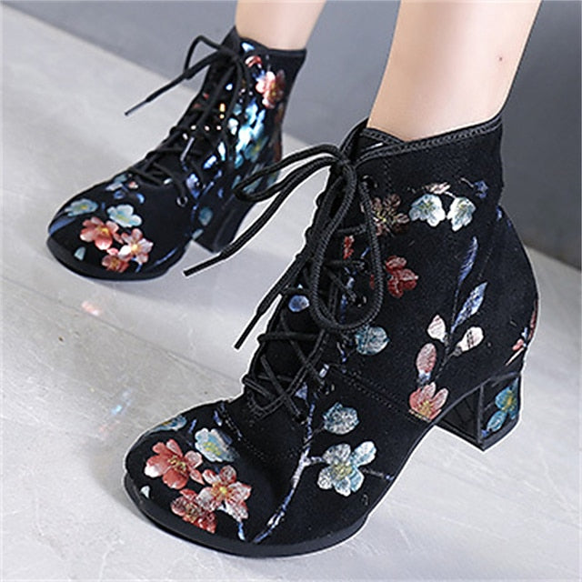 Floral Comfortable Women Lace-up – Black Low for Dance Shoes FashionChic