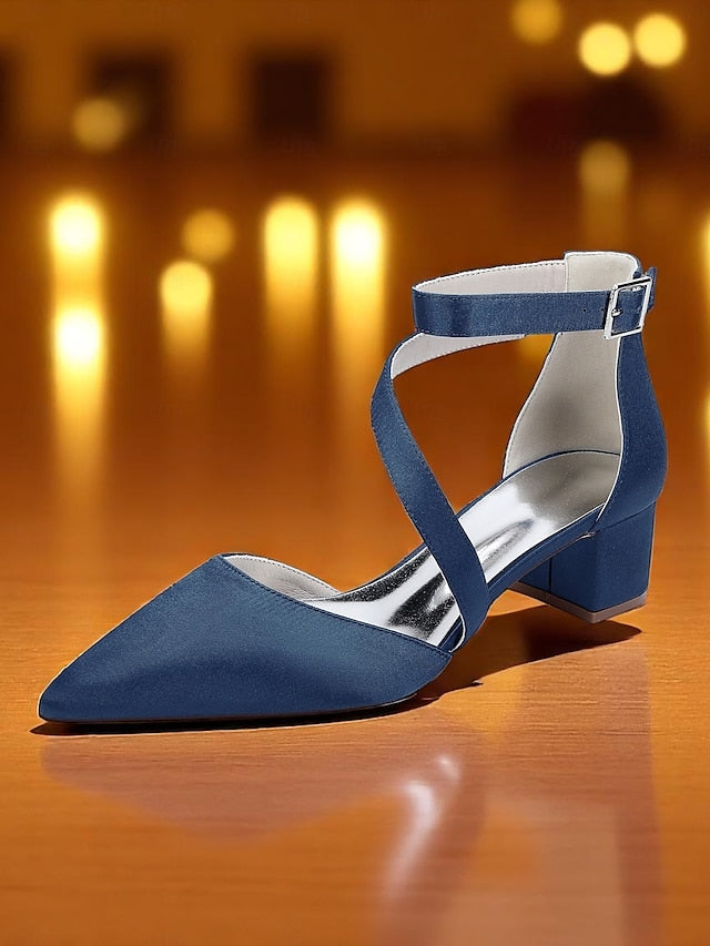 Women's Champagne Pointed Block Heels Satin Toe - FashionChic