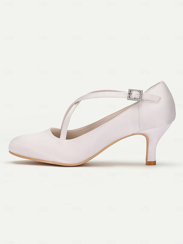 Elegant Buckle White Satin Cross-Strap Heels with – Rhinestone FashionChic