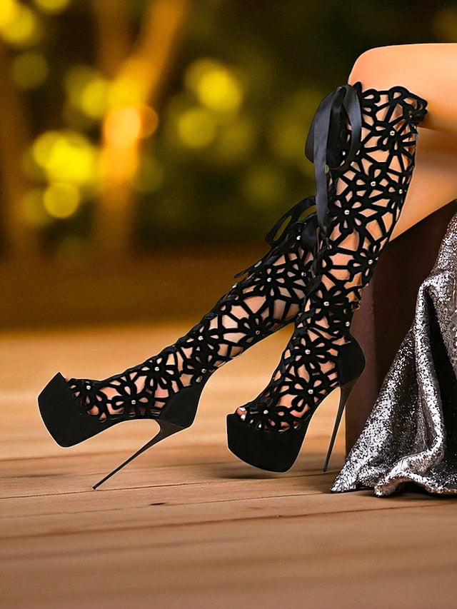 Sexy Stiletto Cutout High Peep Knee Platform Boots Women's FashionChic
