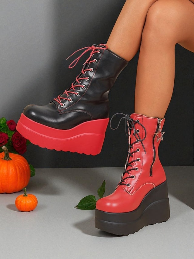 Red Ankle and Lace-Up Platform Women's Boots Black - Bold FashionChic